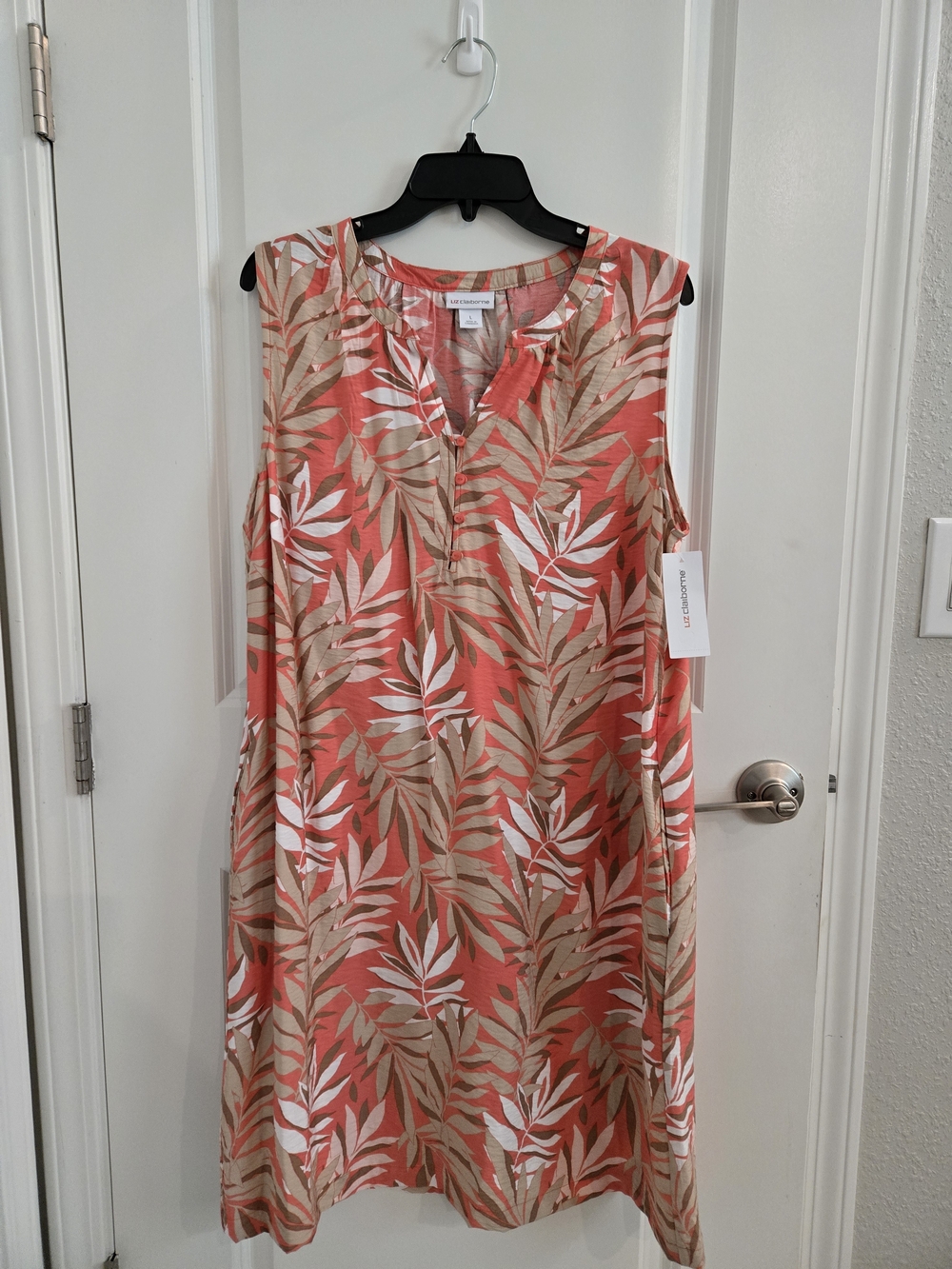 Liz Claiborne Coral, Tan & White Tropical Leaf Sleeveless Dress Size L